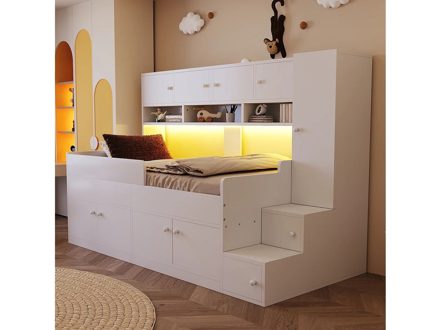 Lit mi-hauteur 90x200 cm avec LED, rangements et armoire - Bois blanc