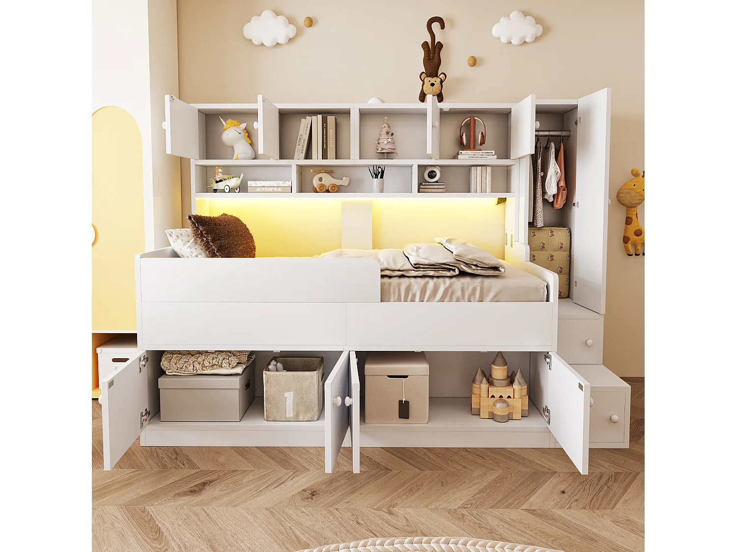 Lit mi-hauteur 90x200 cm avec LED, rangements et armoire - Bois blanc