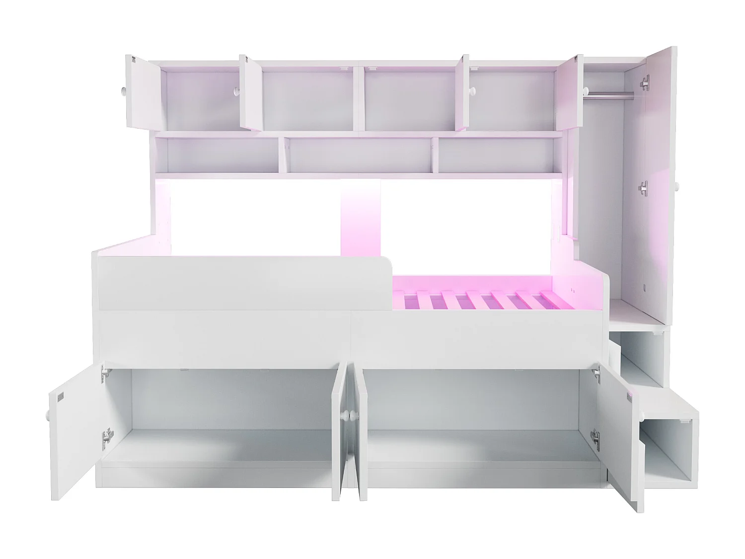 Lit mi-hauteur 90x200 cm avec LED, rangements et armoire - Bois blanc