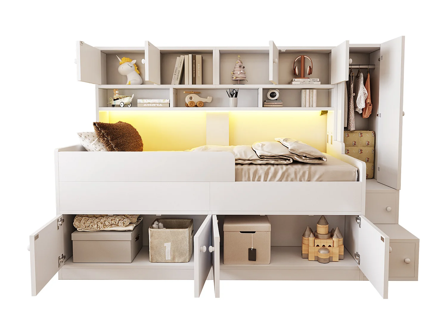 Lit mi-hauteur 90x200 cm avec LED, rangements et armoire - Bois blanc