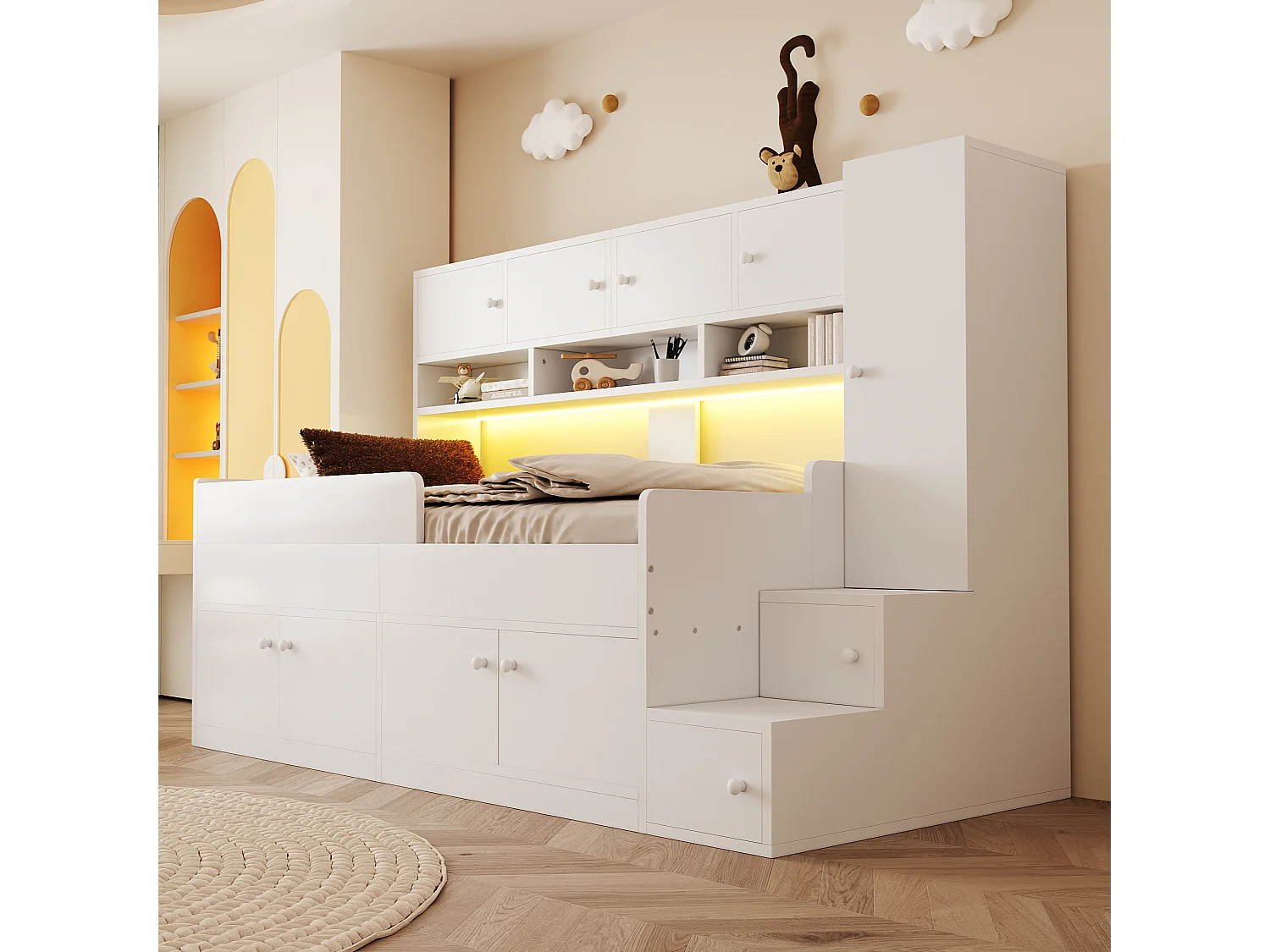 Lit mi-hauteur 90x200 cm avec LED, rangements et armoire - Bois blanc