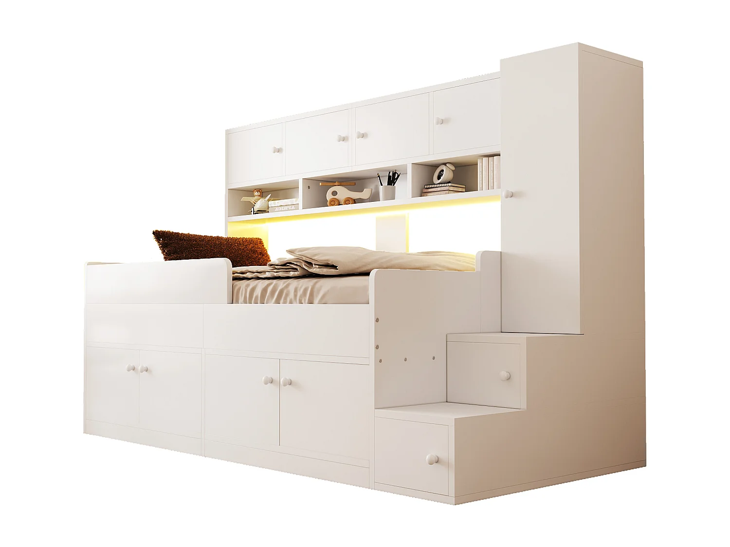 Lit mi-hauteur 90x200 cm avec LED, rangements et armoire - Bois blanc