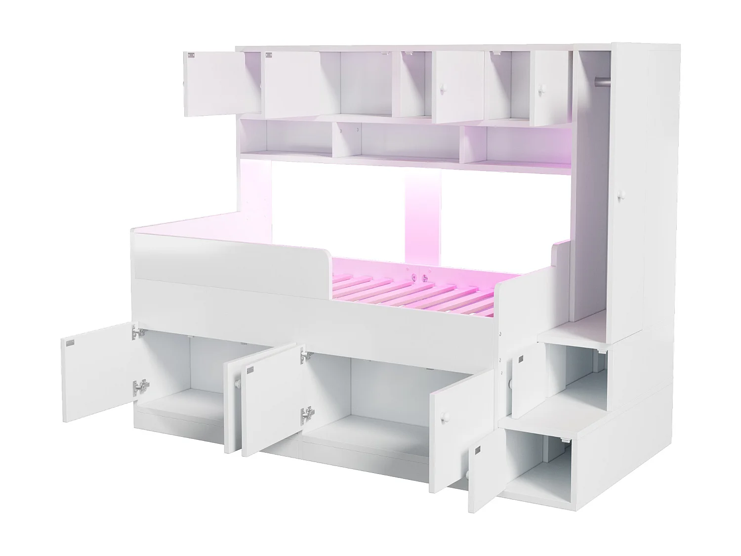 Lit mi-hauteur 90x200 cm avec LED, rangements et armoire - Bois blanc