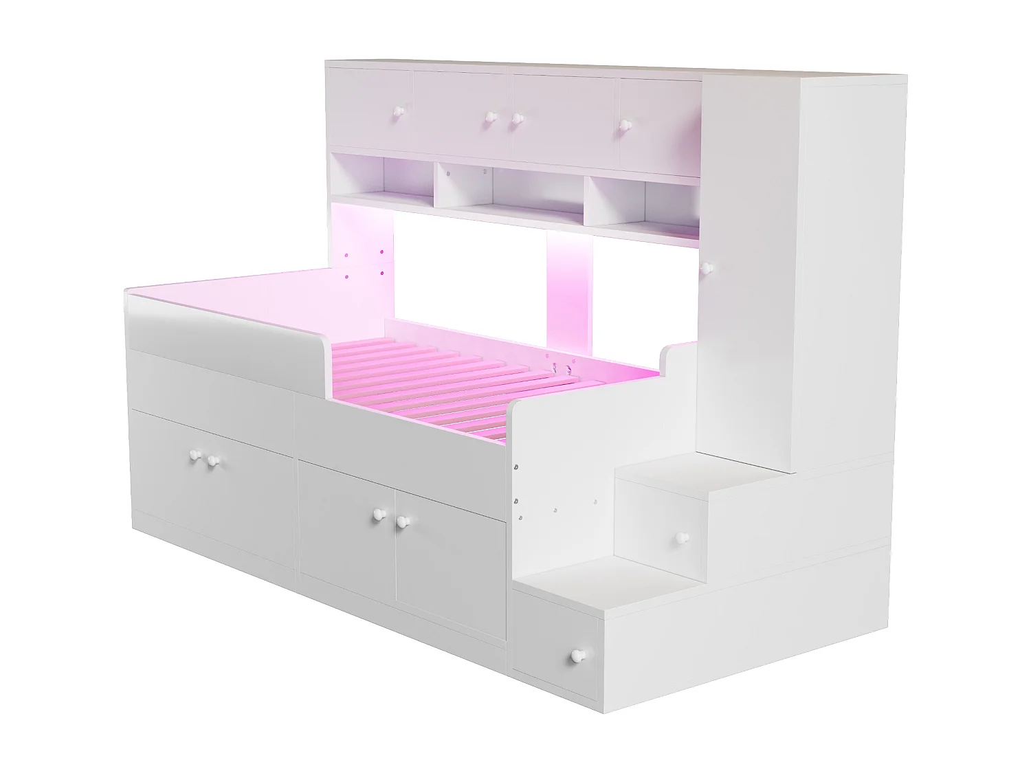 Lit mi-hauteur 90x200 cm avec LED, rangements et armoire - Bois blanc