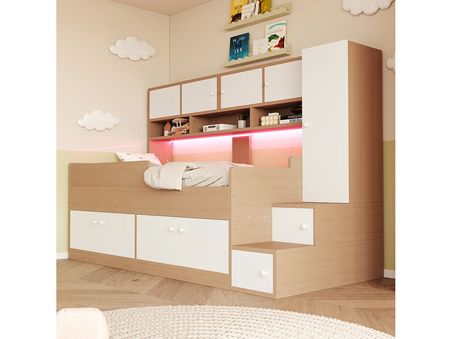 Lit mi-hauteur 90x200 cm avec LED, rangements et armoire - Bois blanc et naturel clair