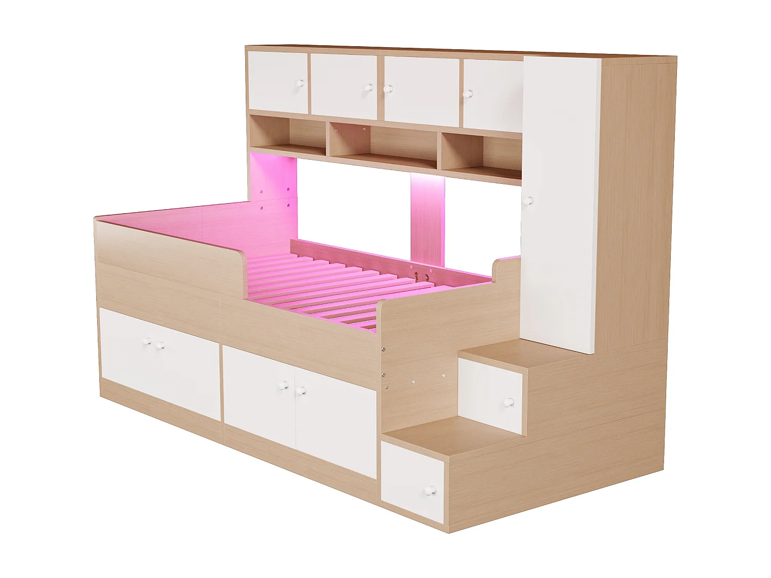 Lit mi-hauteur 90x200 cm avec LED, rangements et armoire - Bois blanc et naturel clair