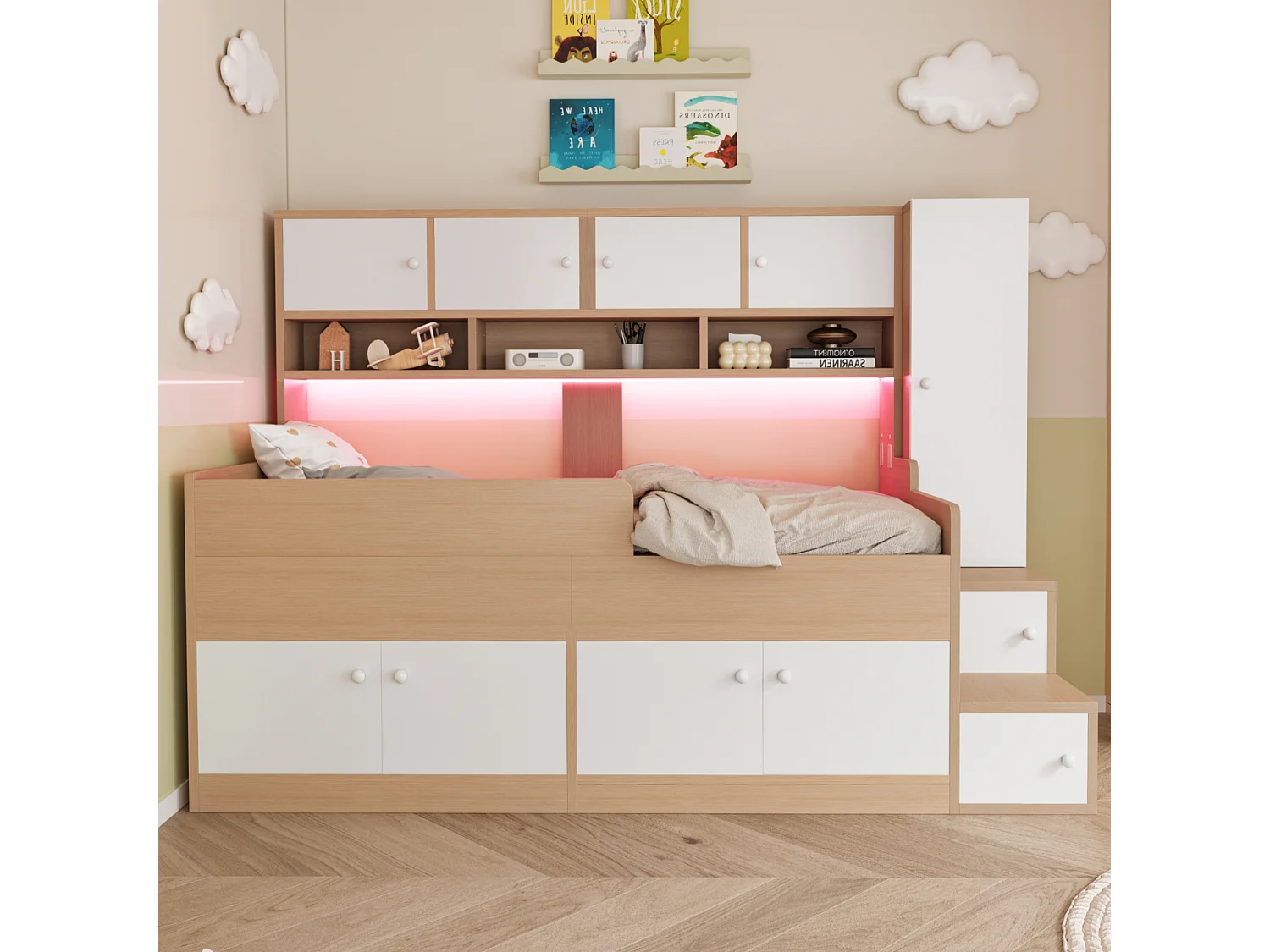 Lit mi-hauteur 90x200 cm avec LED, rangements et armoire - Bois blanc et naturel clair