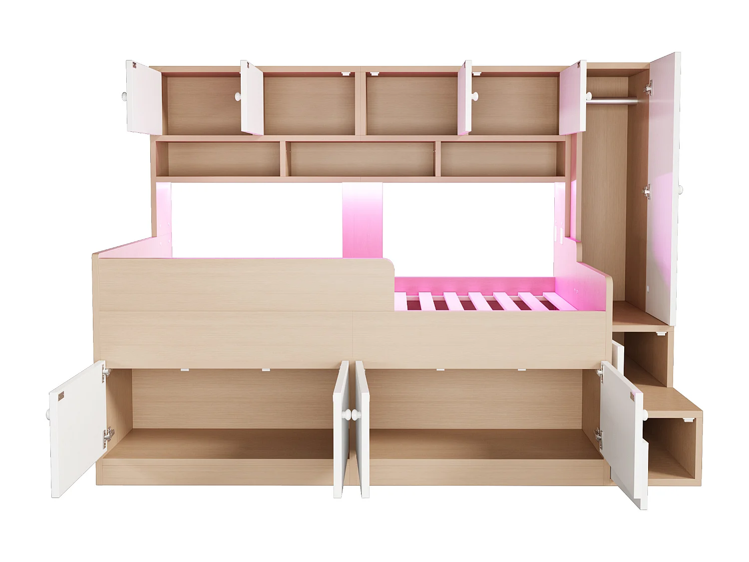 Lit mi-hauteur 90x200 cm avec LED, rangements et armoire - Bois blanc et naturel clair