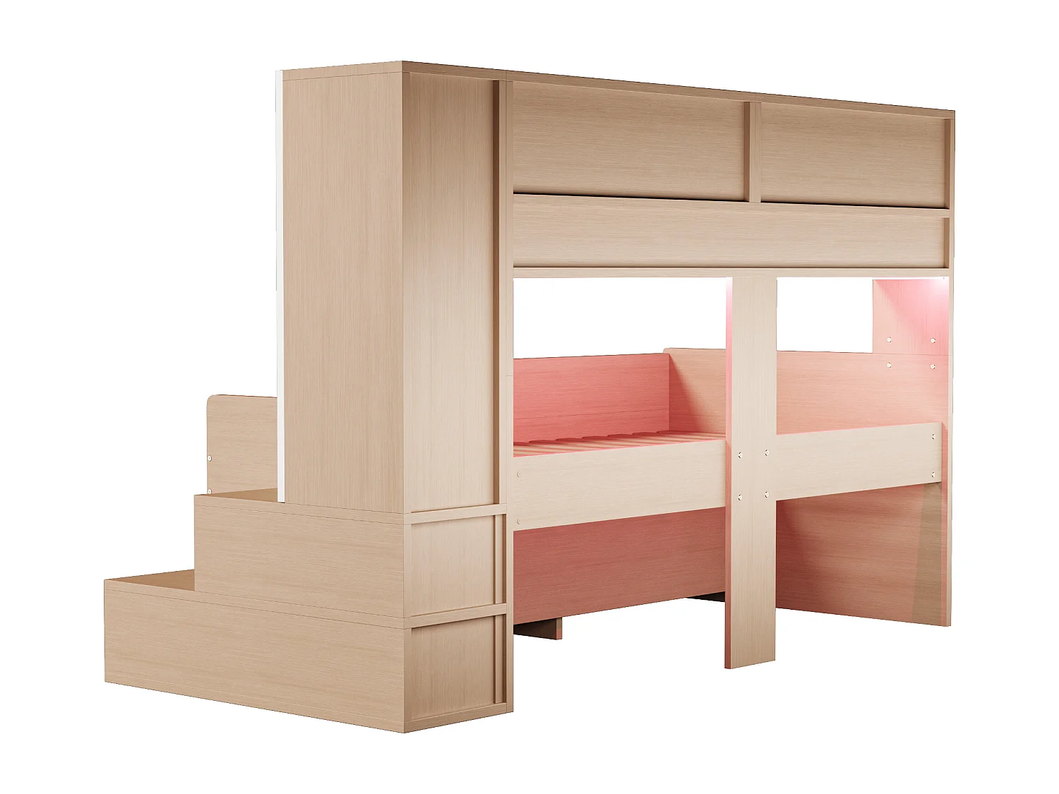 Lit mi-hauteur 90x200 cm avec LED, rangements et armoire - Bois blanc et naturel clair