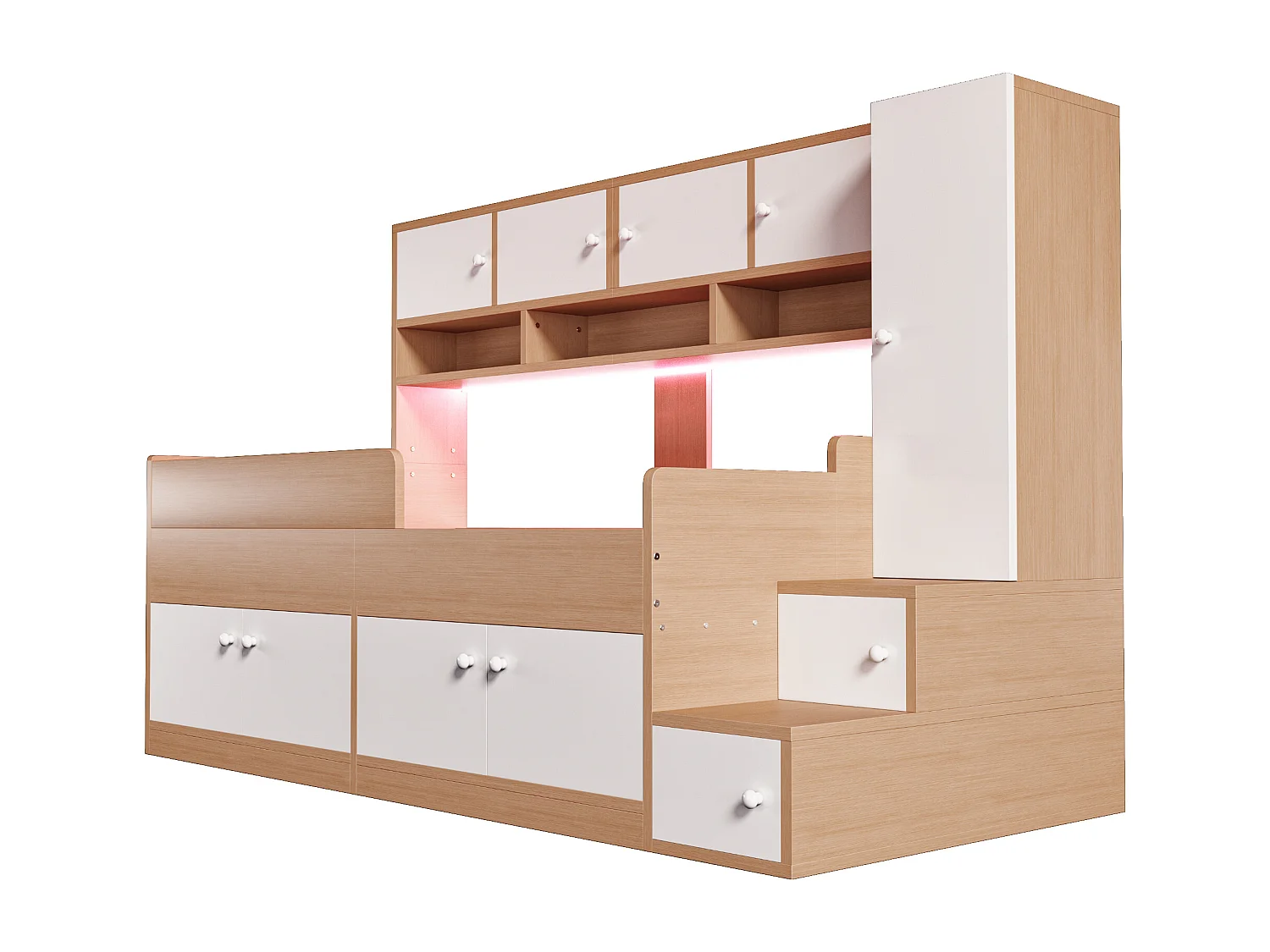 Lit mi-hauteur 90x200 cm avec LED, rangements et armoire - Bois blanc et naturel clair