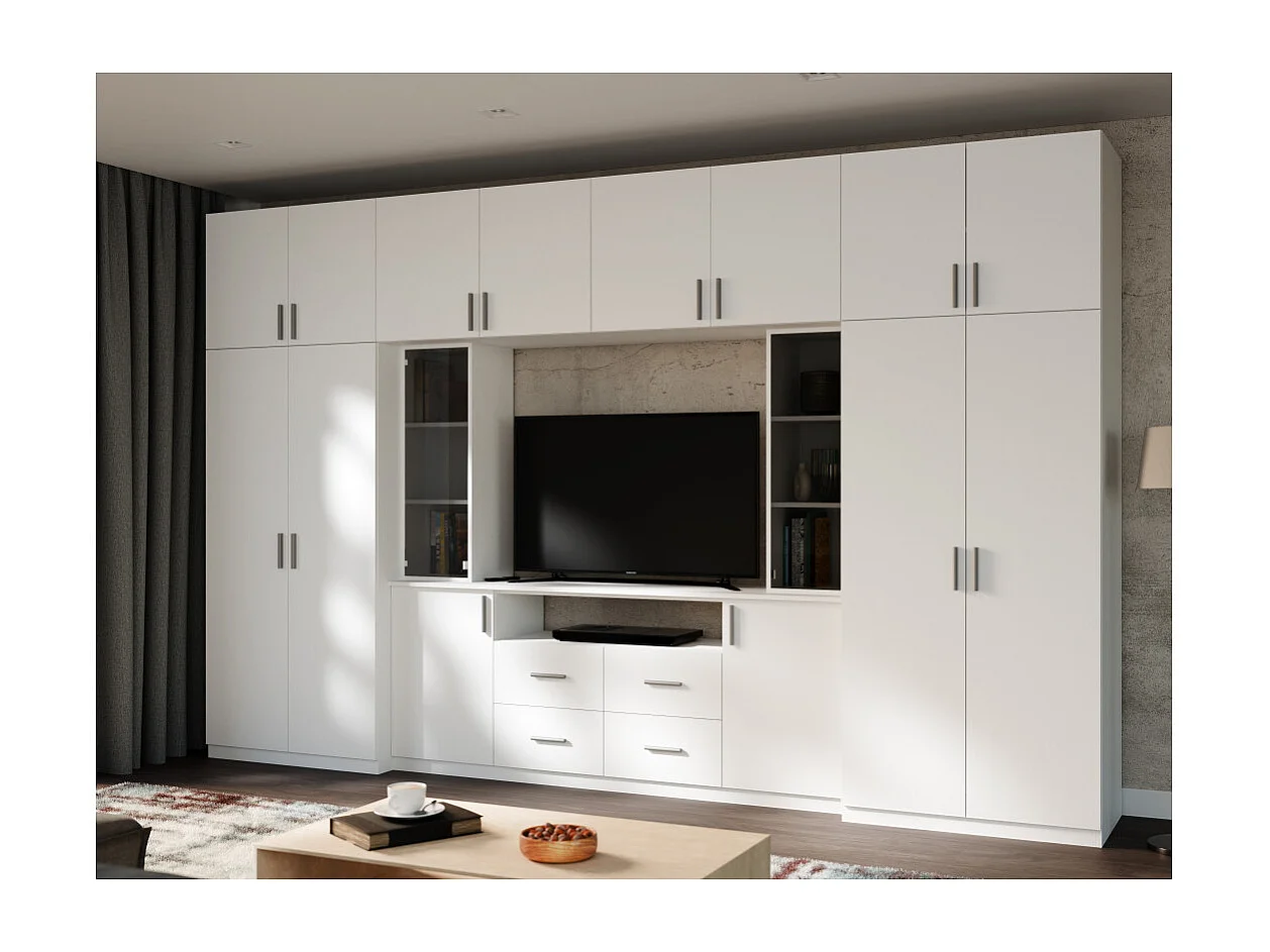 Meuble mural moderne avec grandes armoires et vitrine TV 380×240 cm NESTO