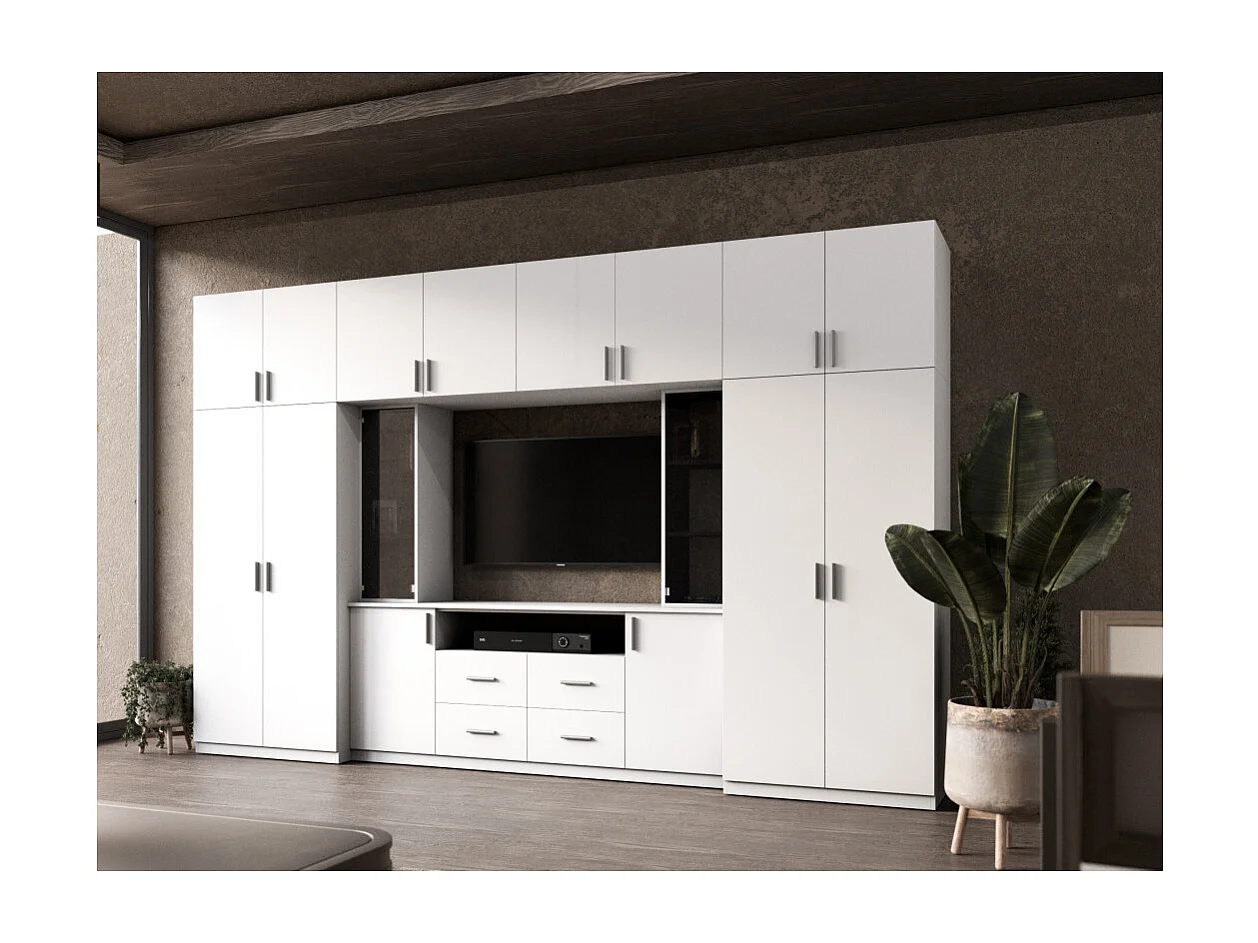 Meuble mural moderne avec grandes armoires et vitrine TV 380×240 cm NESTO