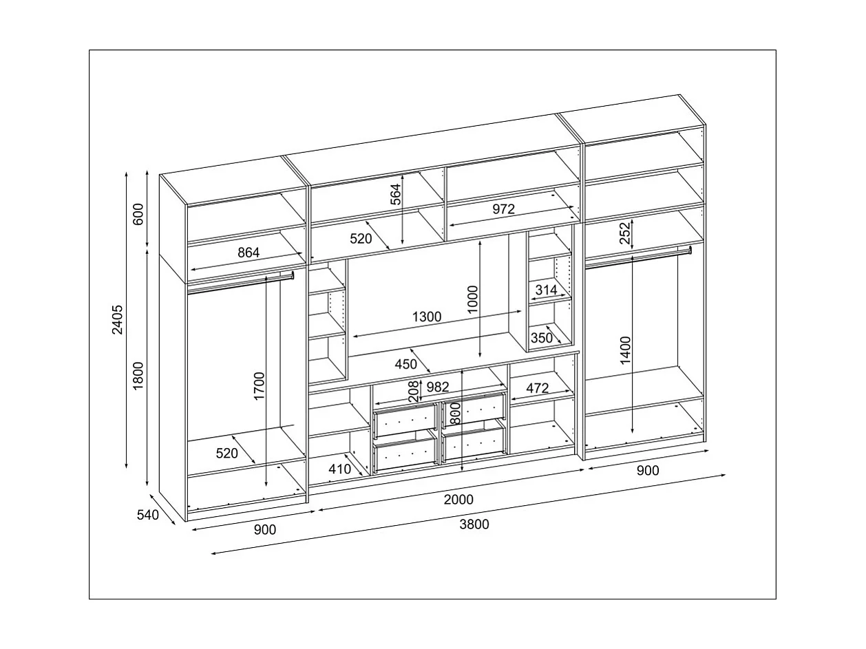Meuble mural moderne avec grandes armoires et vitrine TV 380×240 cm NESTO