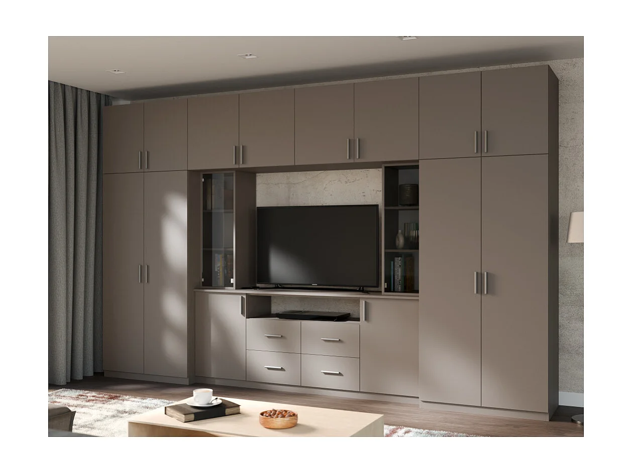 Meuble mural moderne avec grandes armoires et vitrine TV 380×240 cm NESTO