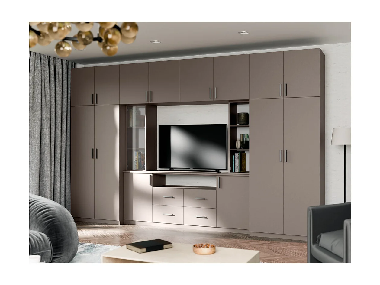 Meuble mural moderne avec grandes armoires et vitrine TV 380×240 cm NESTO