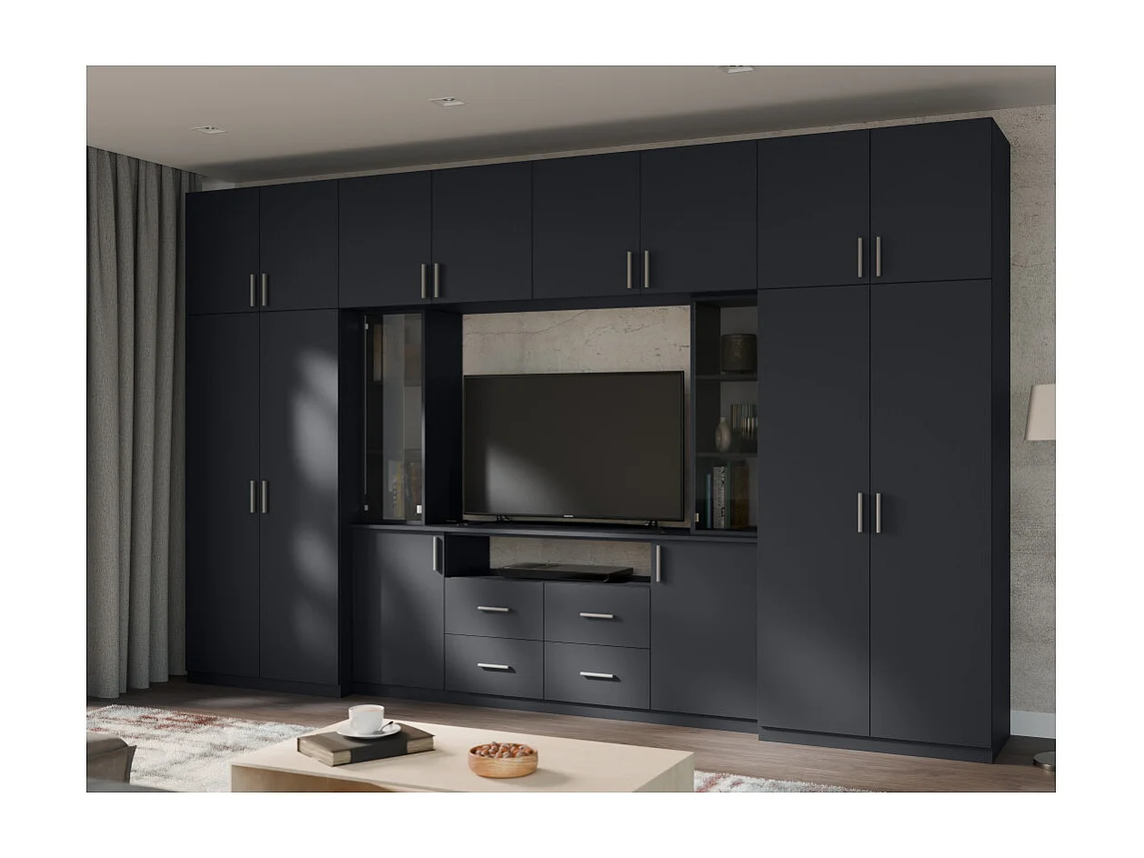 Meuble mural moderne avec grandes armoires et vitrine TV 380×240 cm NESTO
