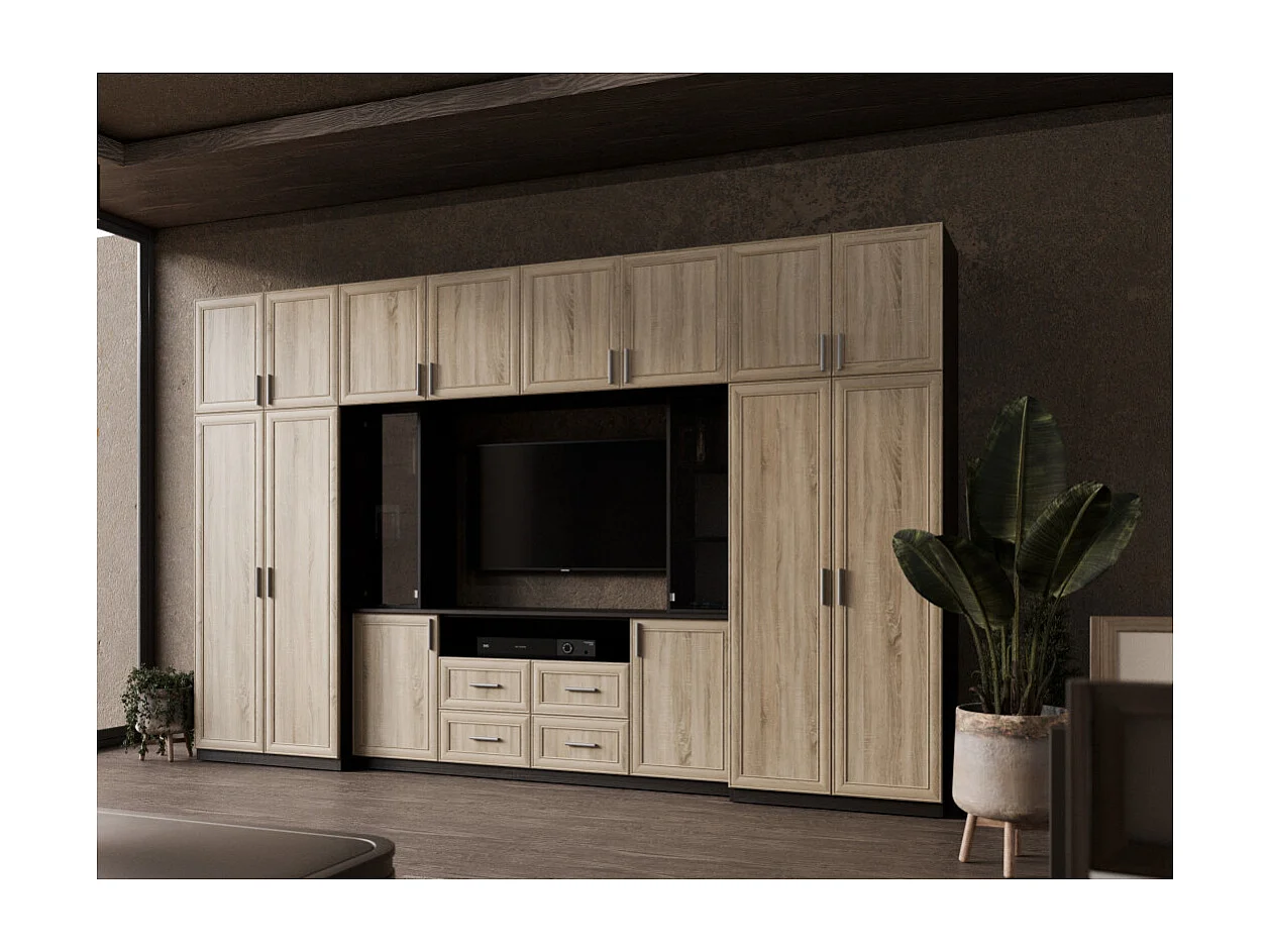 Parete attrezzata moderna con armadi capienti e mobile TV vetrina 380×240 cm NESTO
