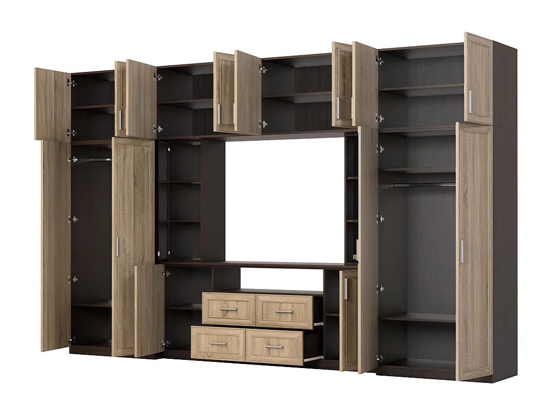 Parete attrezzata moderna con armadi capienti e mobile TV vetrina 380×240 cm NESTO