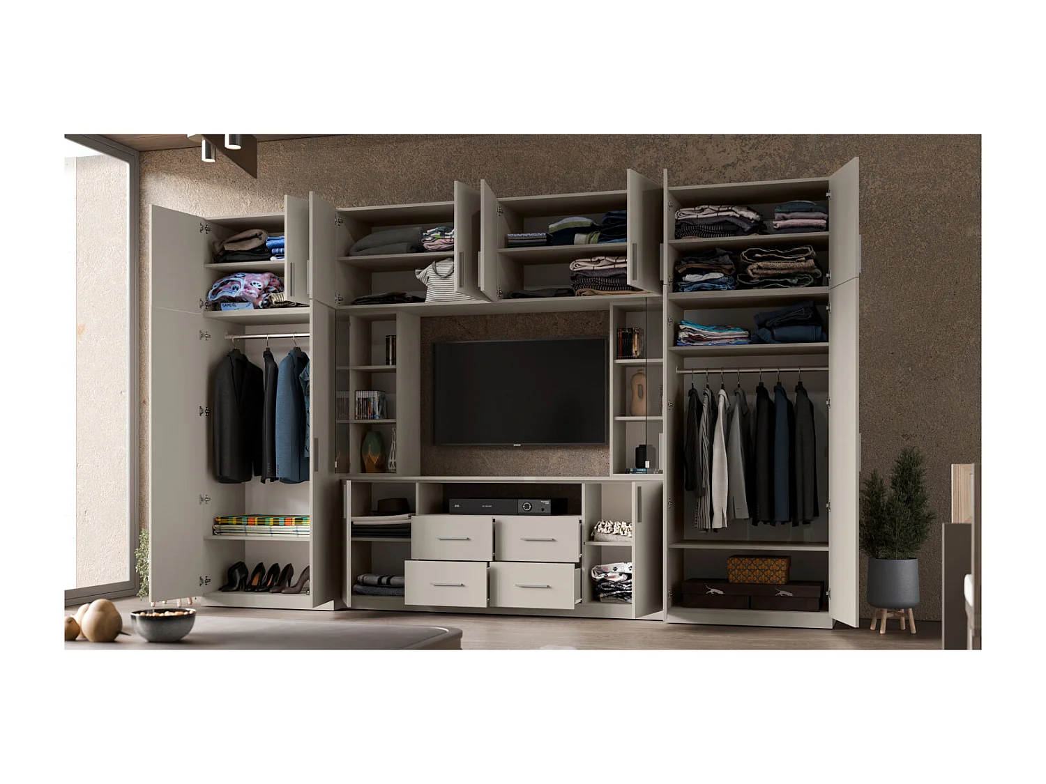 Parete attrezzata moderna con armadi capienti e mobile TV vetrina 380×240 cm NESTO