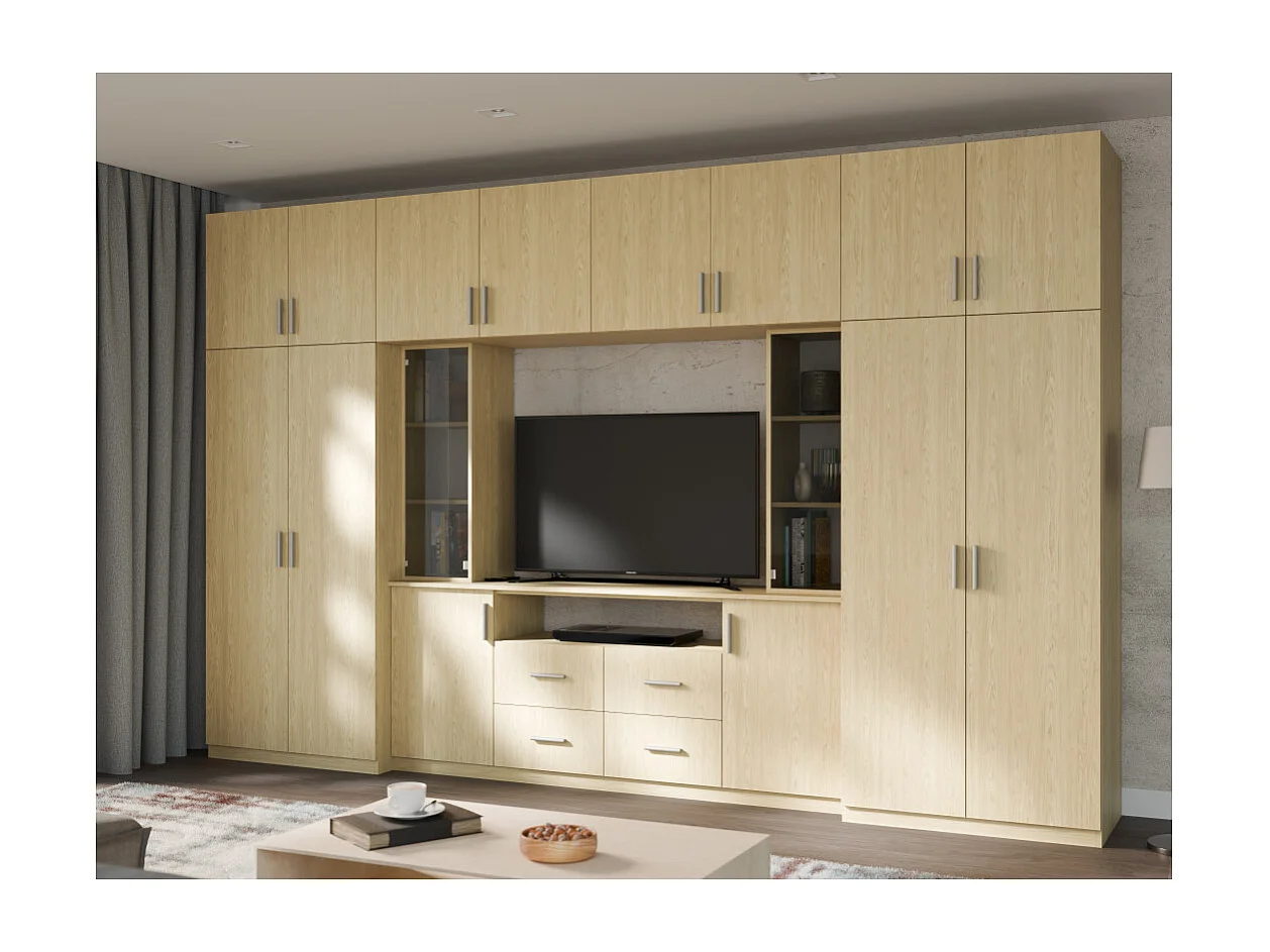Meuble mural moderne avec grandes armoires et vitrine TV 380×240 cm NESTO