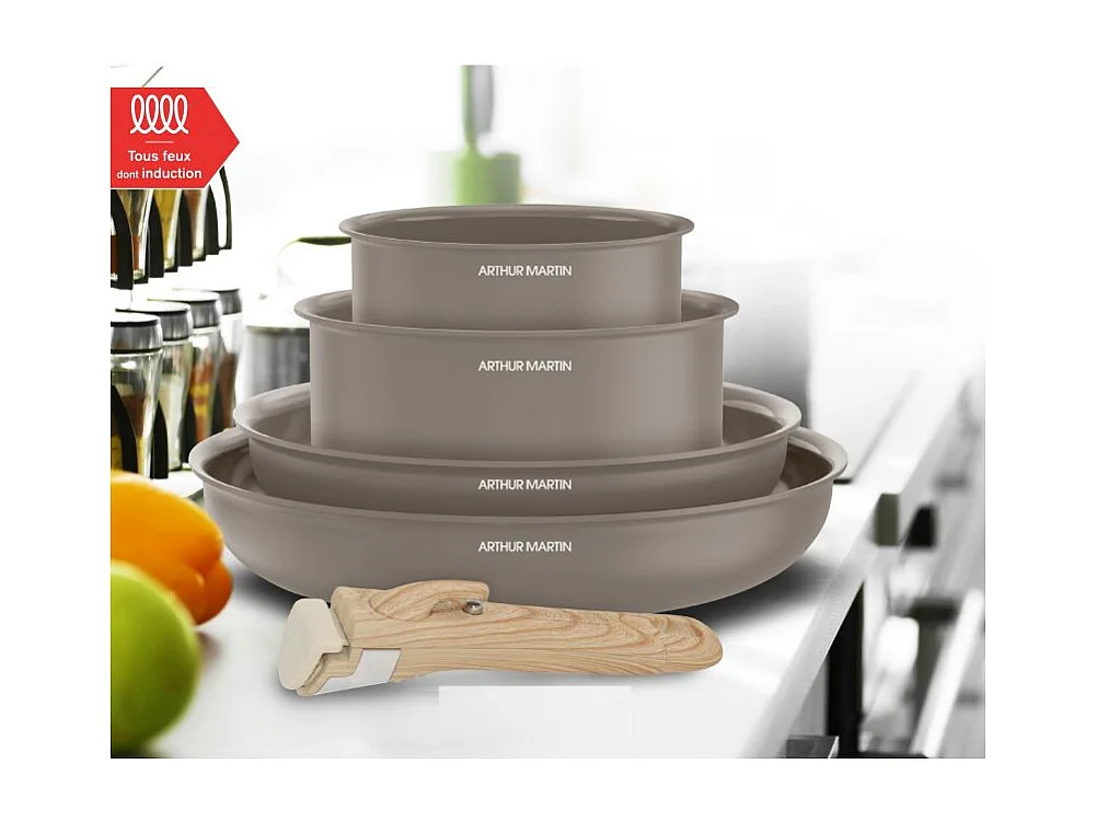Arthur Martin AM9192 - Batterie de cuisine 5 pièces taupe avec poignée amovible