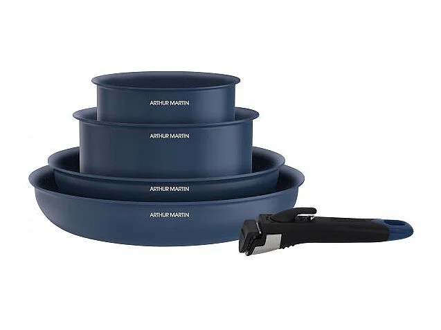 5-teiliges Kochgeschirr-Set Arthur Martin AM8896 blau, Aluminium 2,5 mm, Keramikbeschichtung, abnehmbarer Griff mit Holzeffekt, für alle Herdarten inkl. Induktion