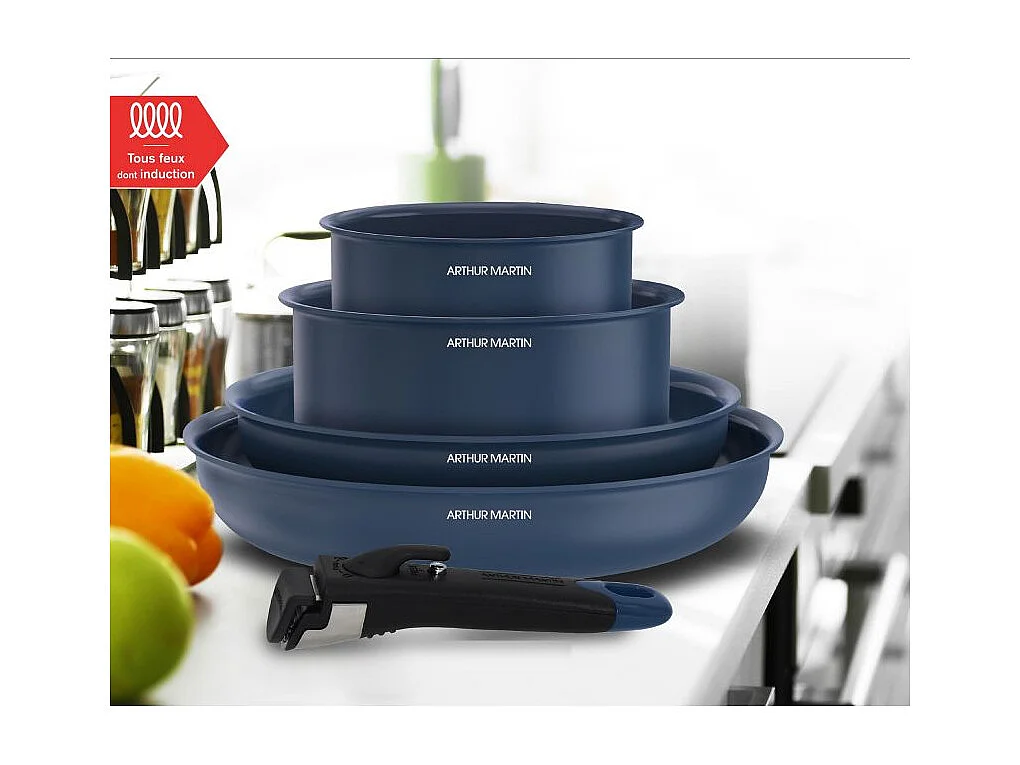 5-teiliges Kochgeschirr-Set Arthur Martin AM8896 blau, Aluminium 2,5 mm, Keramikbeschichtung, abnehmbarer Griff mit Holzeffekt, für alle Herdarten inkl. Induktion