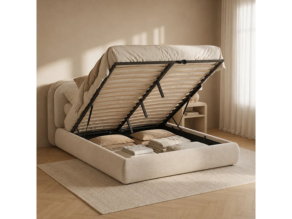 Claudie - Lit coffre en tissu 160x200cm - Beige