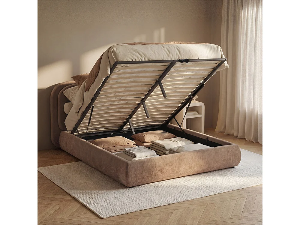 Claudie - Lit coffre en tissu 160x200cm - Marron