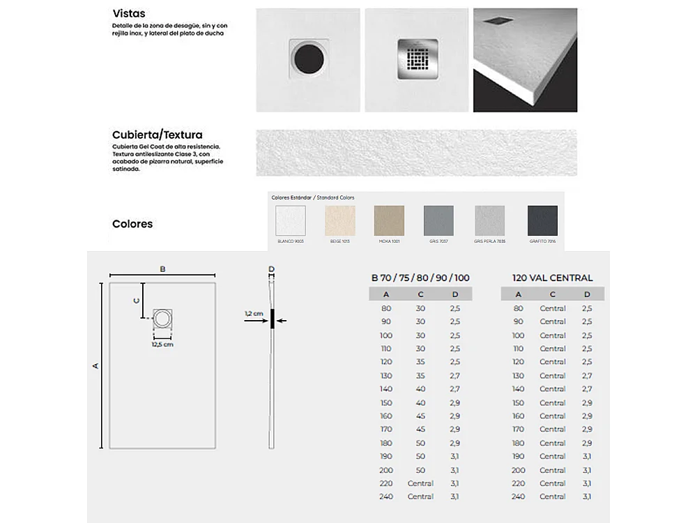 Douchebak van antislip hars | Inclusief afvoerventiel en rooster | Kleur | Grijs | 70 X 120 cm