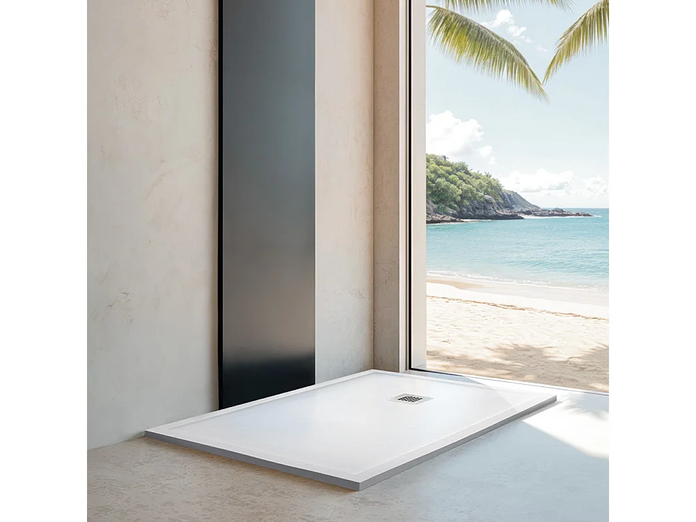 Receveur de douche en résine avec robinet et grille antidérapante à bord extra plat | Texture de la pierre | Beige | 80 X 160 cm