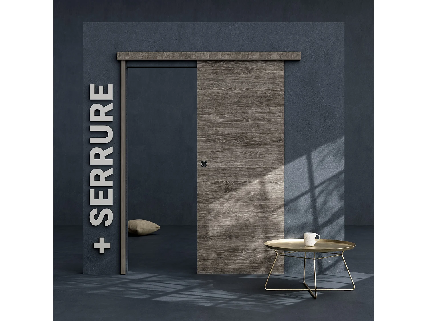 Porte Coulissante avec Rail + Serrure - Gris blanchi 83 cm