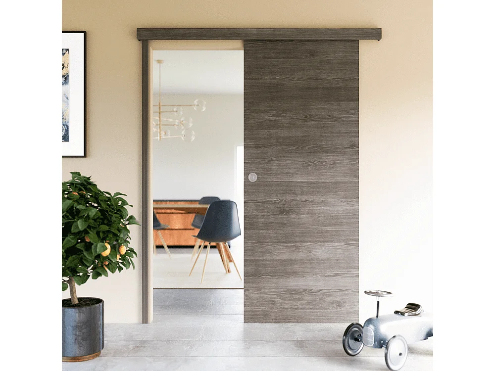 Porte Coulissante avec Rail + Serrure - Gris blanchi 83 cm