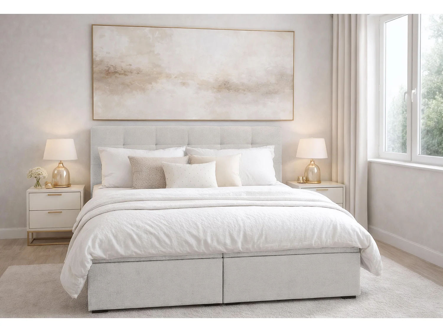 AX LIVING lit boxspring avec rangement beige 180x200 cm avec surmatelas Galata lit double