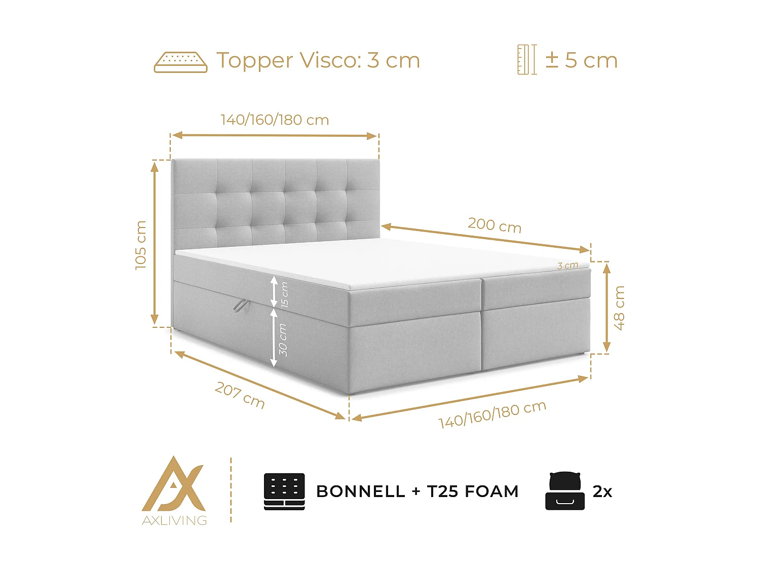 AX LIVING lit avec coffre 160x200 cm Galata lit boxspring beige avec surmatelas