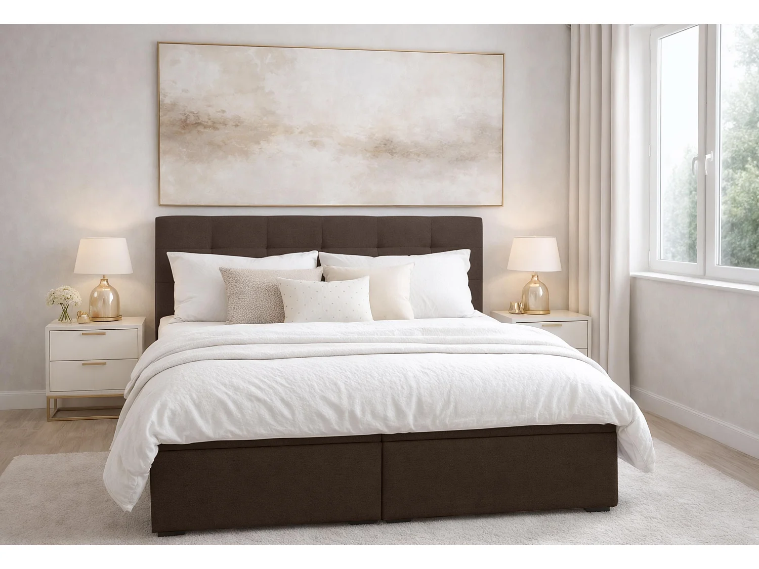 AX LIVING lit boxspring avec rangement marron 180x200 cm avec surmatelas Galata lit double