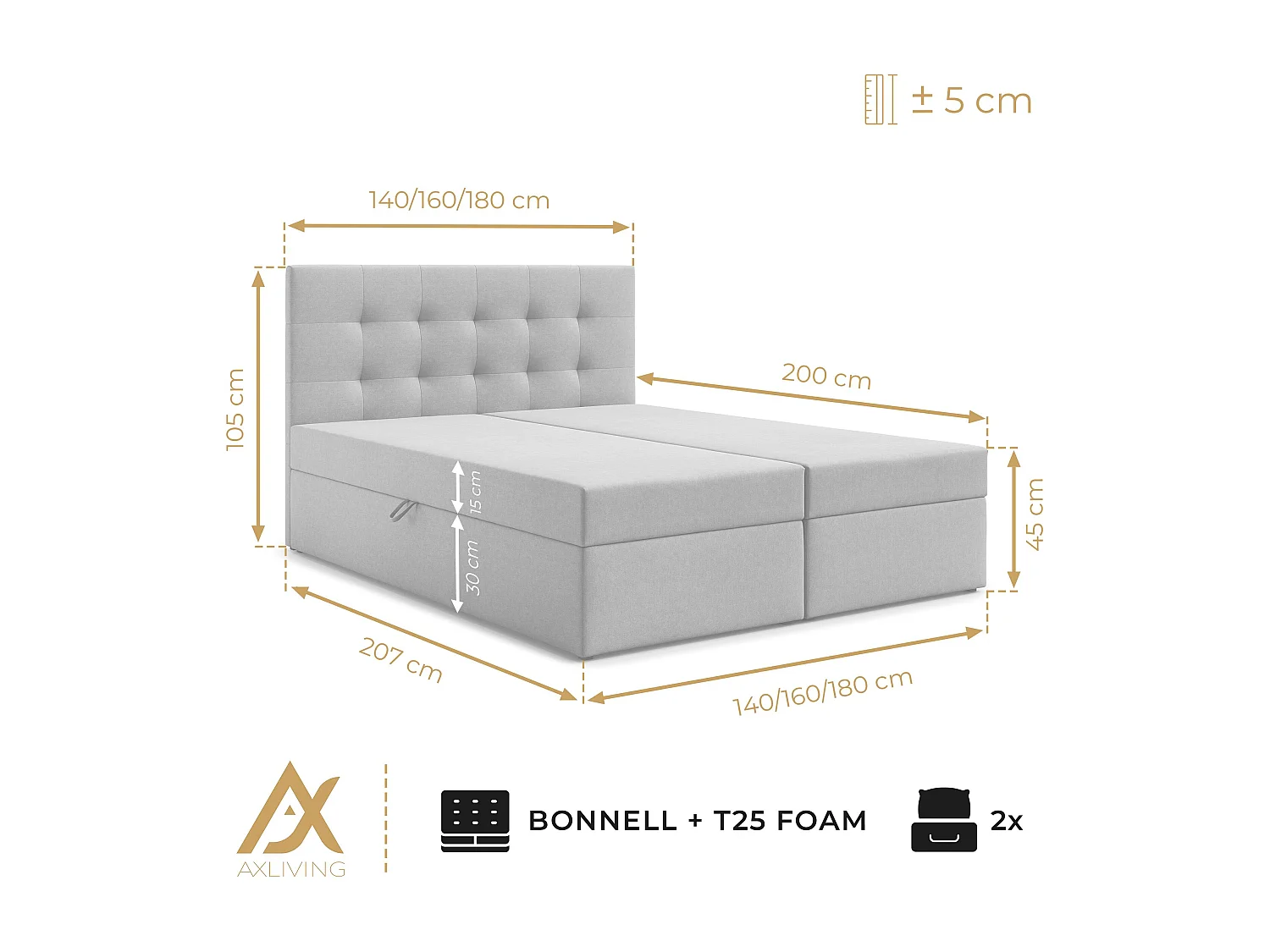 AX LIVING Boxspringbett Galata 140x200 Brown ohne Topper Bettkasten Komfortbett