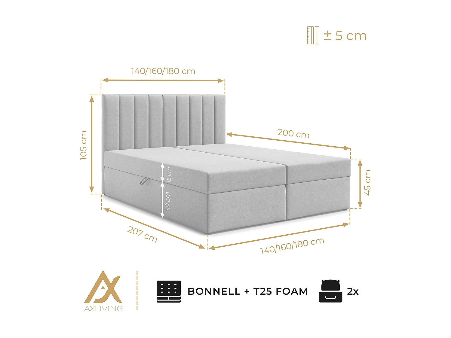 AX LIVING Boxspringbett Bursa 140x200 Beige ohne Topper Bettkasten Komfortbett