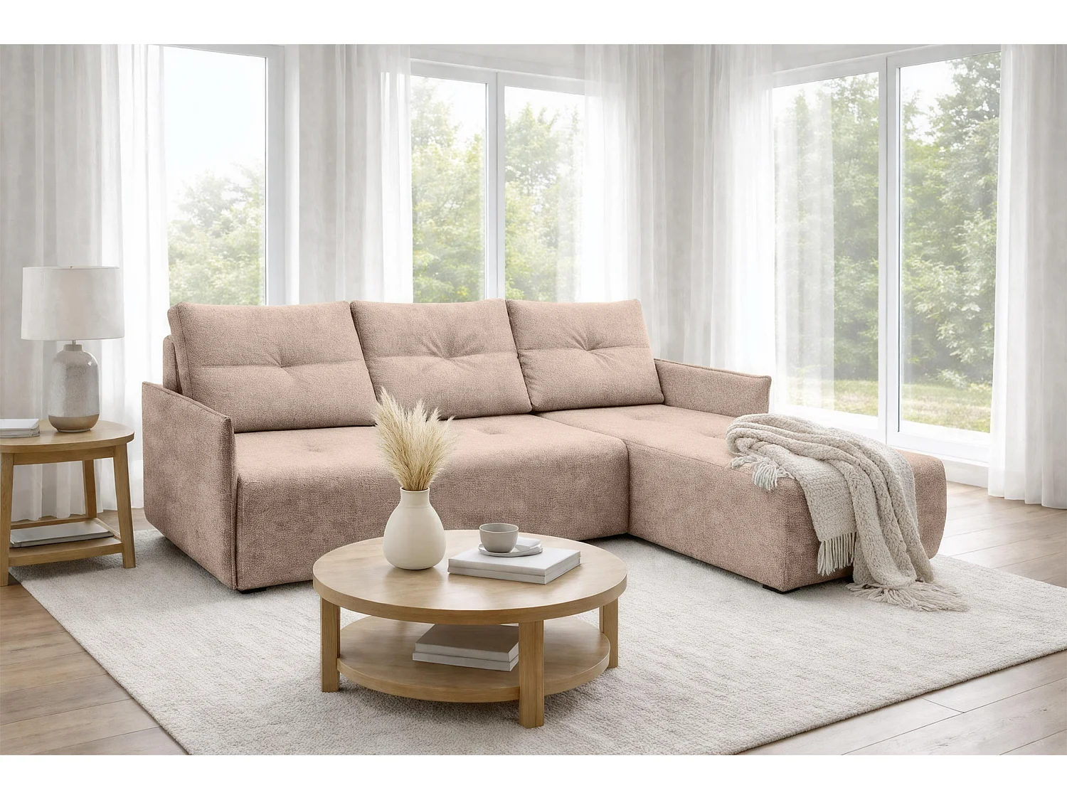 AX LIVING Ecksofa Damascus Creme mit Schlaffunktion Bettkasten Schlafsofa 212 cm rechts