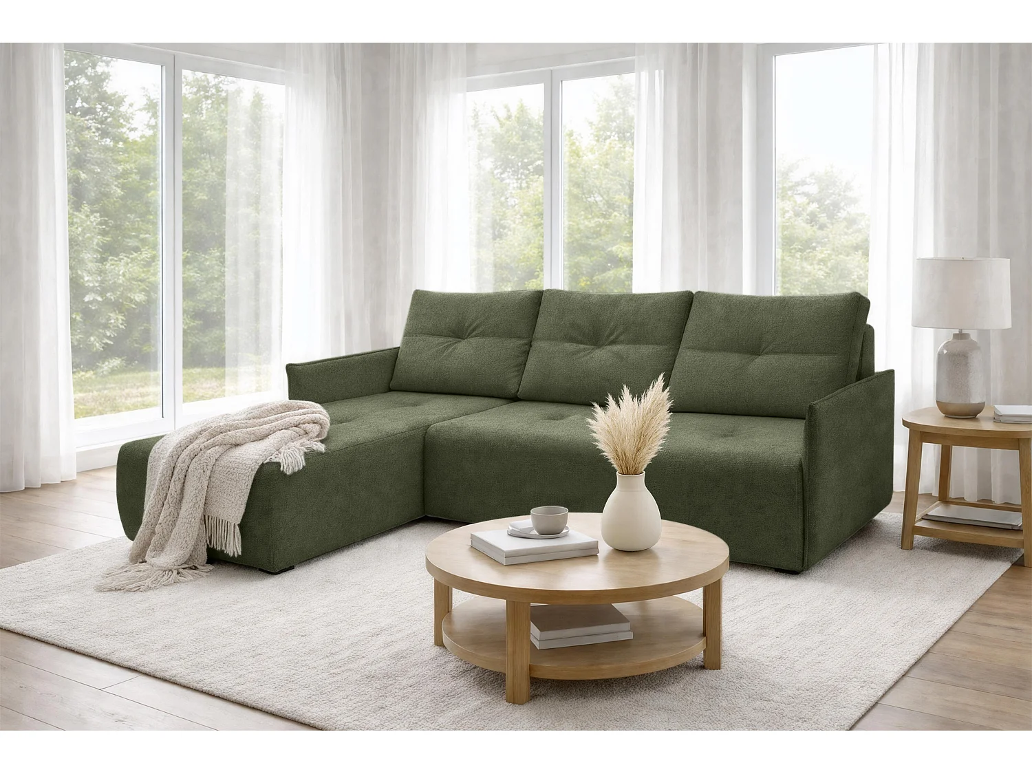 AX LIVING canapé d’angle Damascus vert avec fonction couchage coffre canapé-lit 212 cm gauche