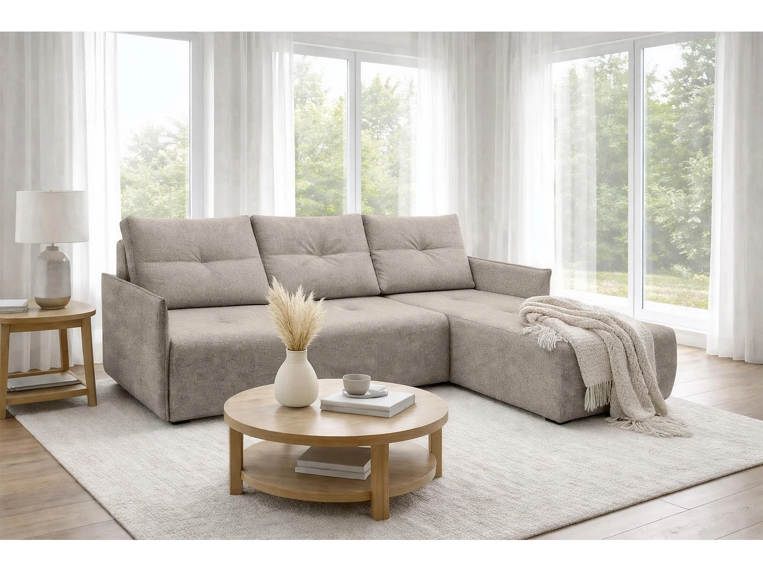 AX LIVING canapé d’angle Damascus brun clair avec fonction couchage coffre canapé-lit 212 cm droite