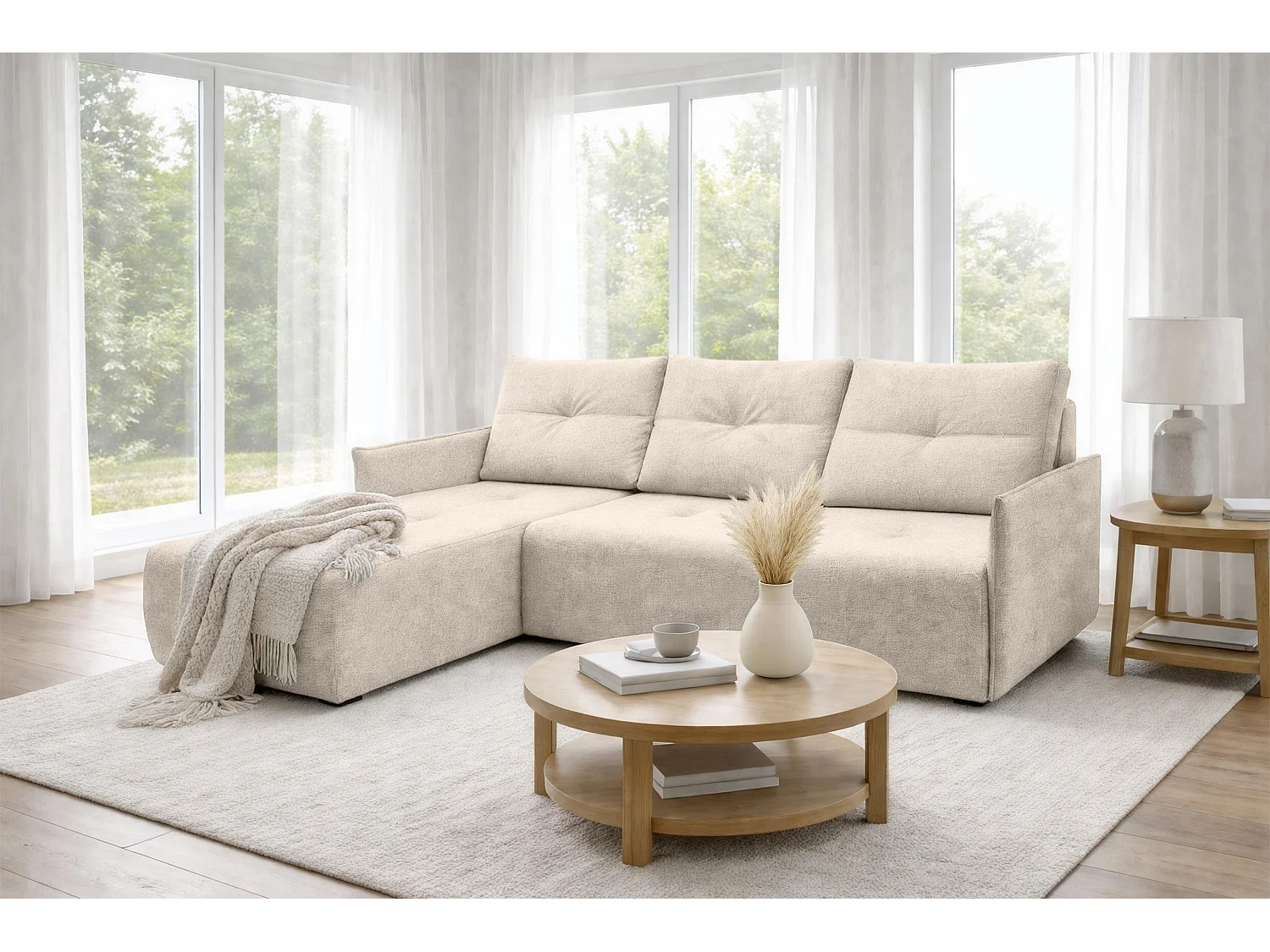 AX LIVING canapé d’angle Damascus beige avec fonction couchage coffre canapé-lit 212 cm gauche