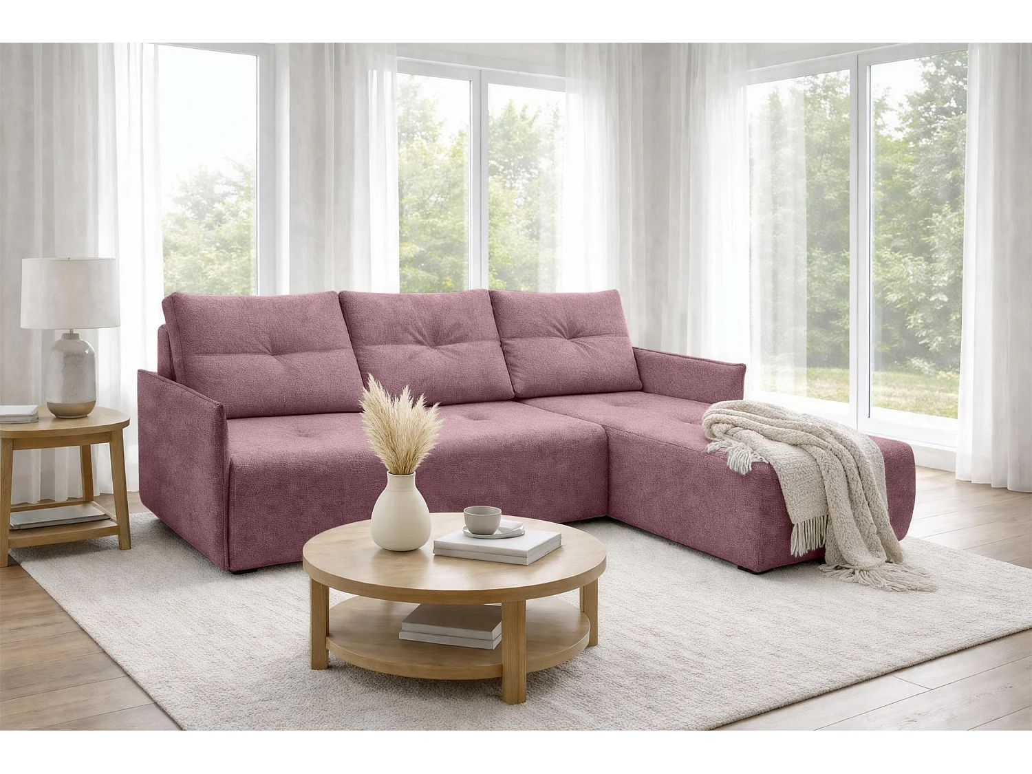 AX LIVING canapé d’angle Damascus rose avec fonction couchage coffre canapé-lit 212 cm droite