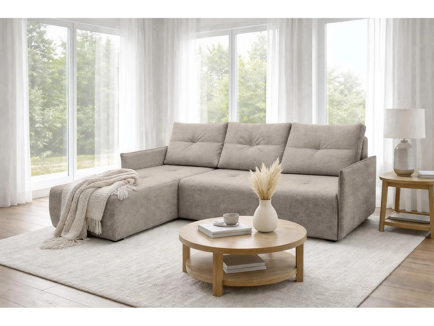 AX LIVING canapé d’angle Damascus brun clair avec fonction couchage coffre canapé-lit 212 cm gauche