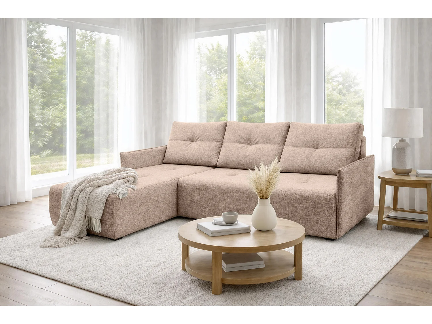 AX LIVING canapé d’angle Damascus crème avec fonction couchage coffre canapé-lit 212 cm gauche