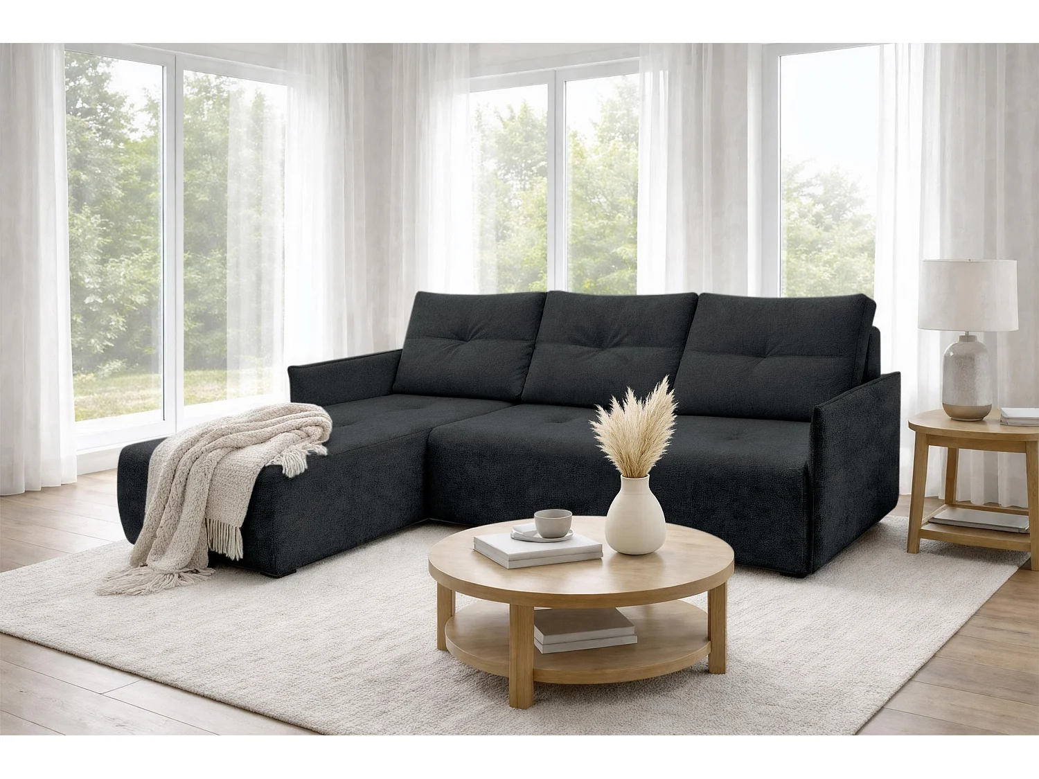 AX LIVING hoekbank Damascus zwart met slaapfunctie bedlade slaapbank 212 cm links