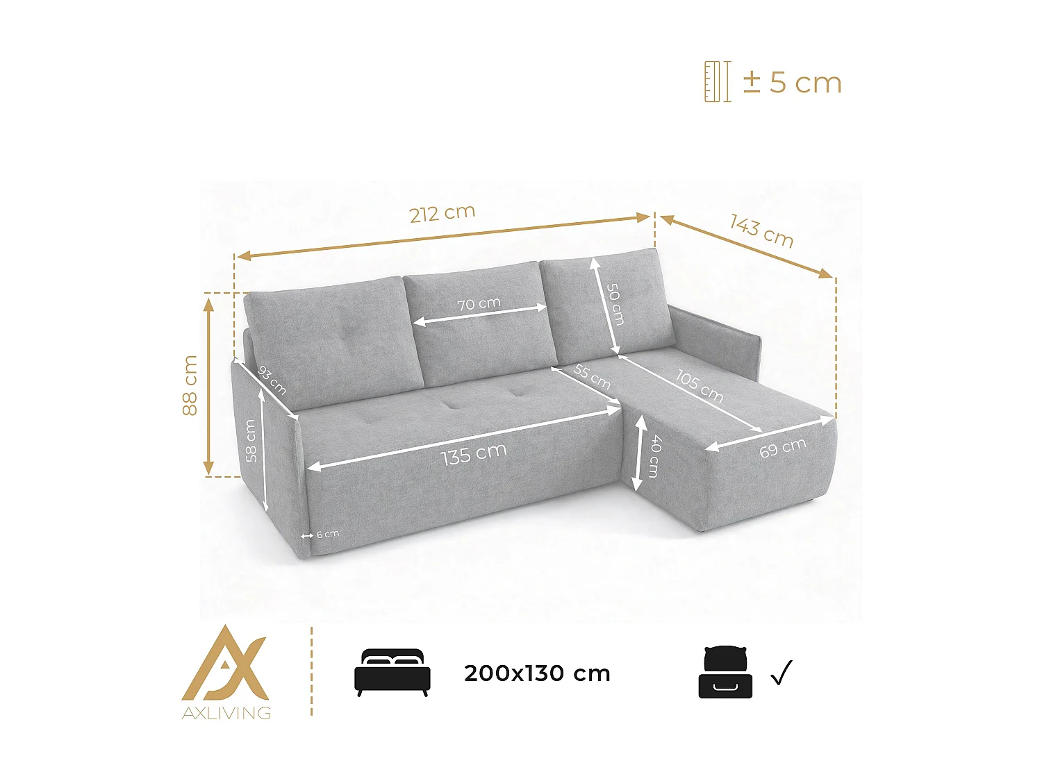 AX LIVING hoekbank Damascus zwart met slaapfunctie bedlade slaapbank 212 cm links