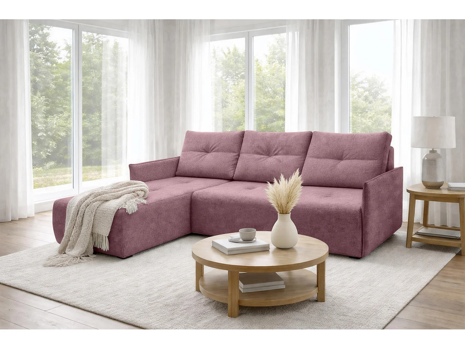 AX LIVING canapé d’angle Damascus rose avec fonction couchage coffre canapé-lit 212 cm gauche
