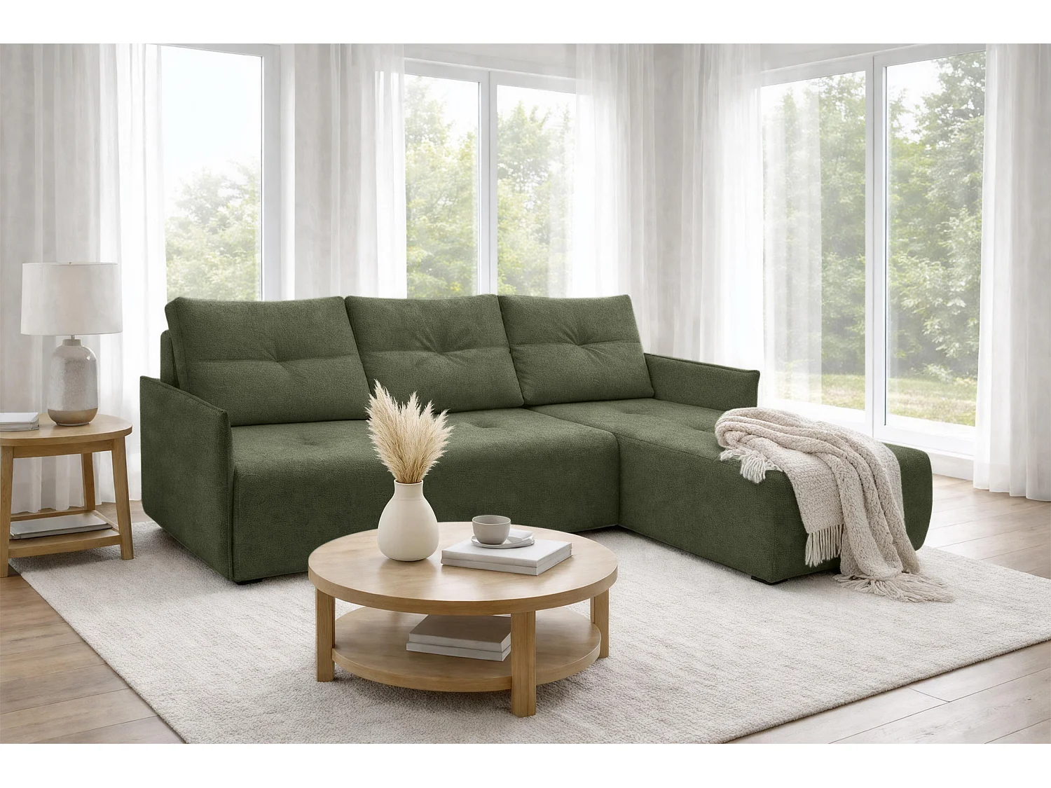 AX LIVING canapé d’angle Damascus vert avec fonction couchage coffre canapé-lit 212 cm droite