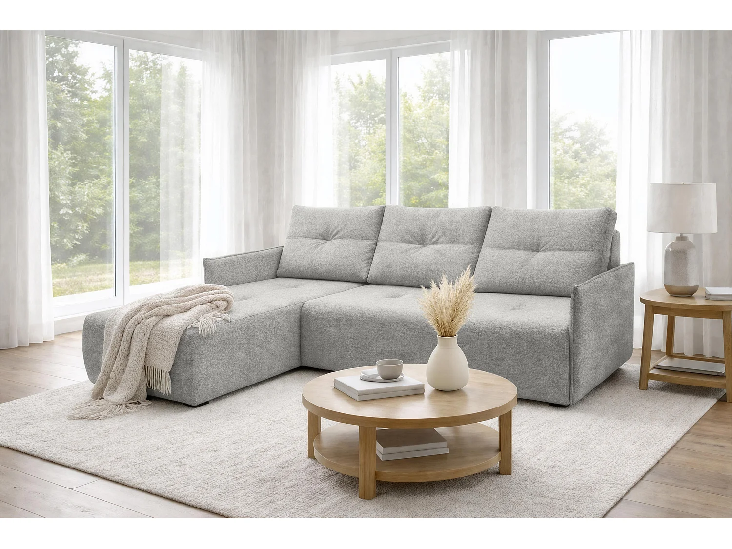 AX LIVING Ecksofa Damascus Hellgrau mit Schlaffunktion Bettkasten Schlafsofa 212 cm links